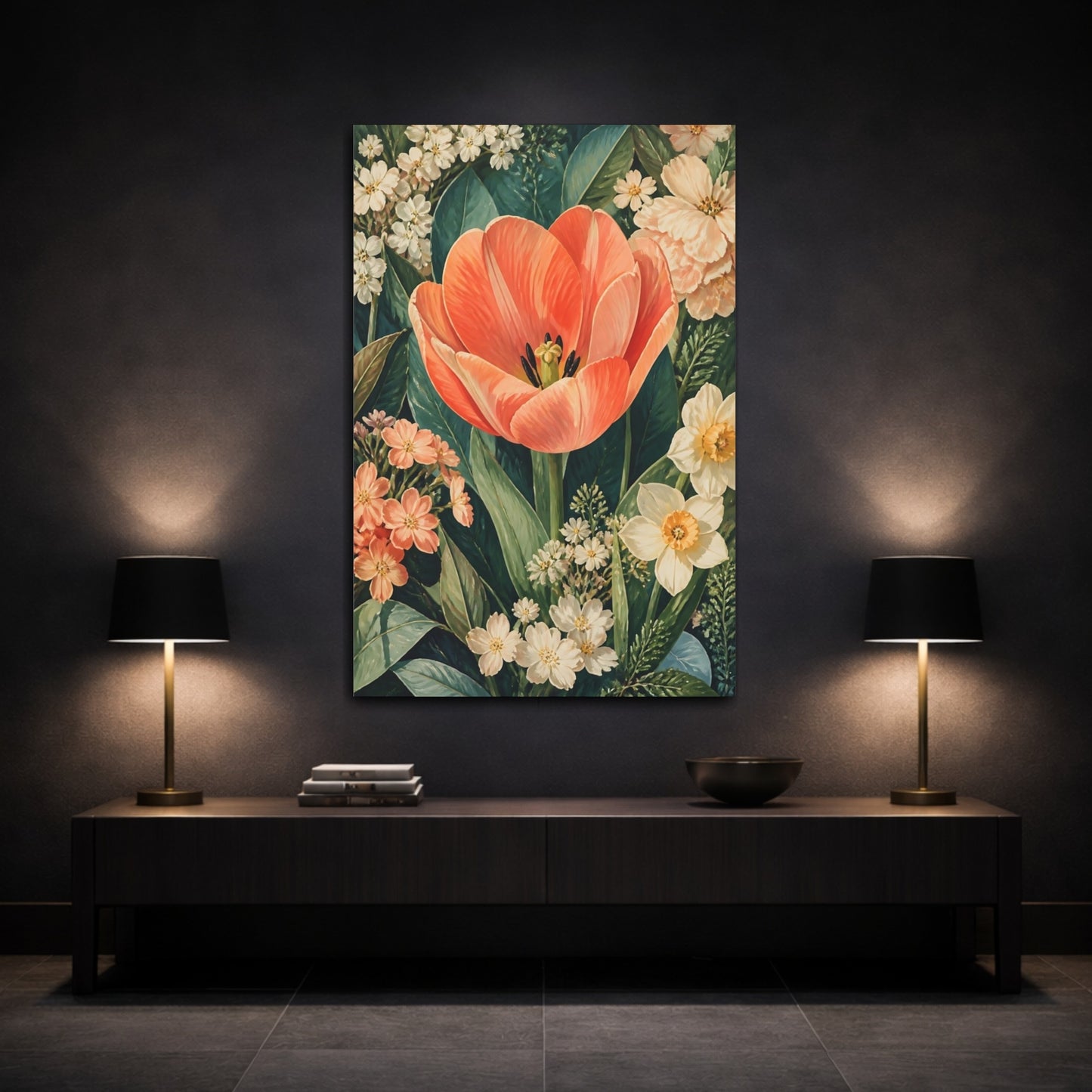 Mockup 3. Floral Tulip Orange Floral Garden shown as stretched canvas wall art