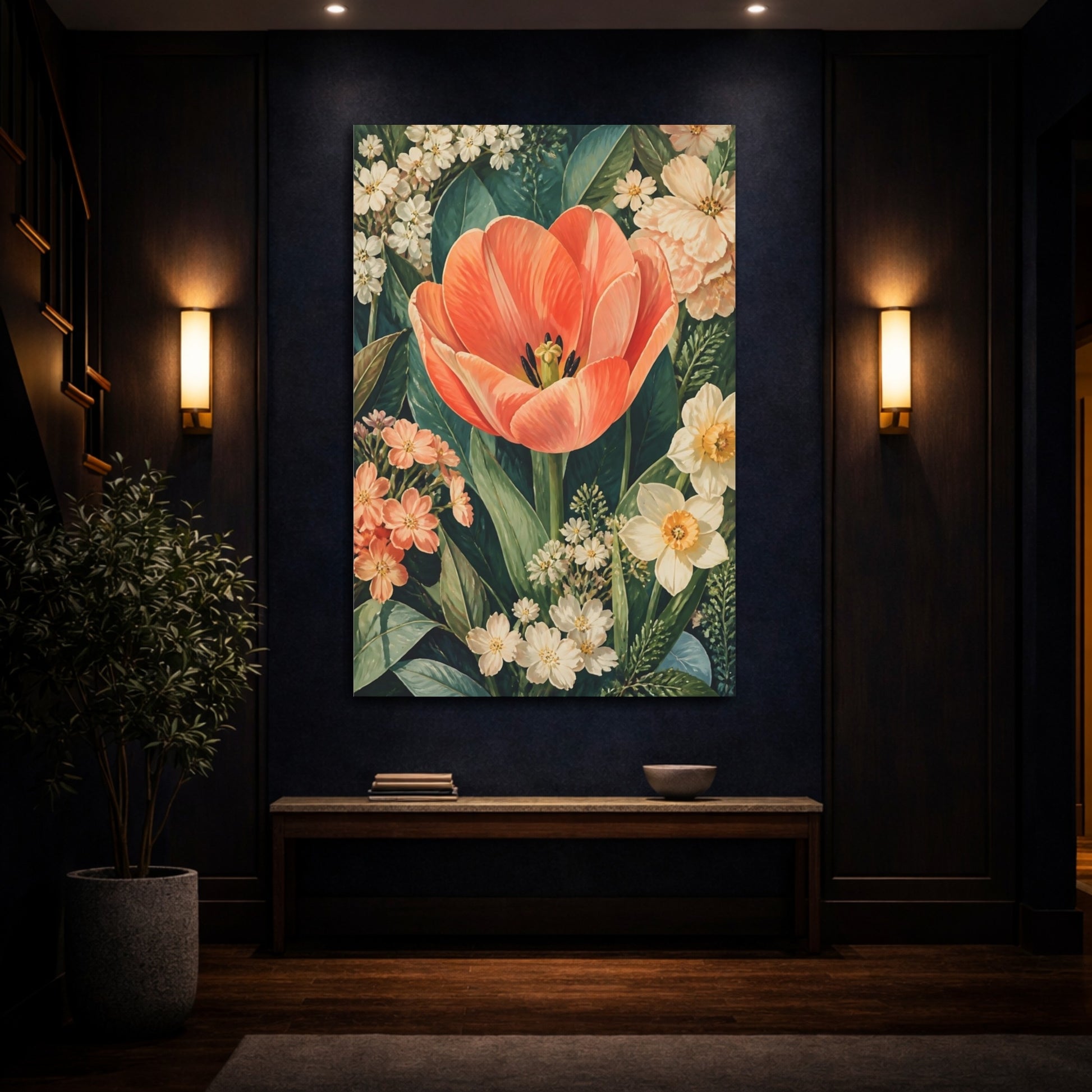Mockup 4. Floral Tulip Orange Floral Garden shown as stretched canvas wall art
