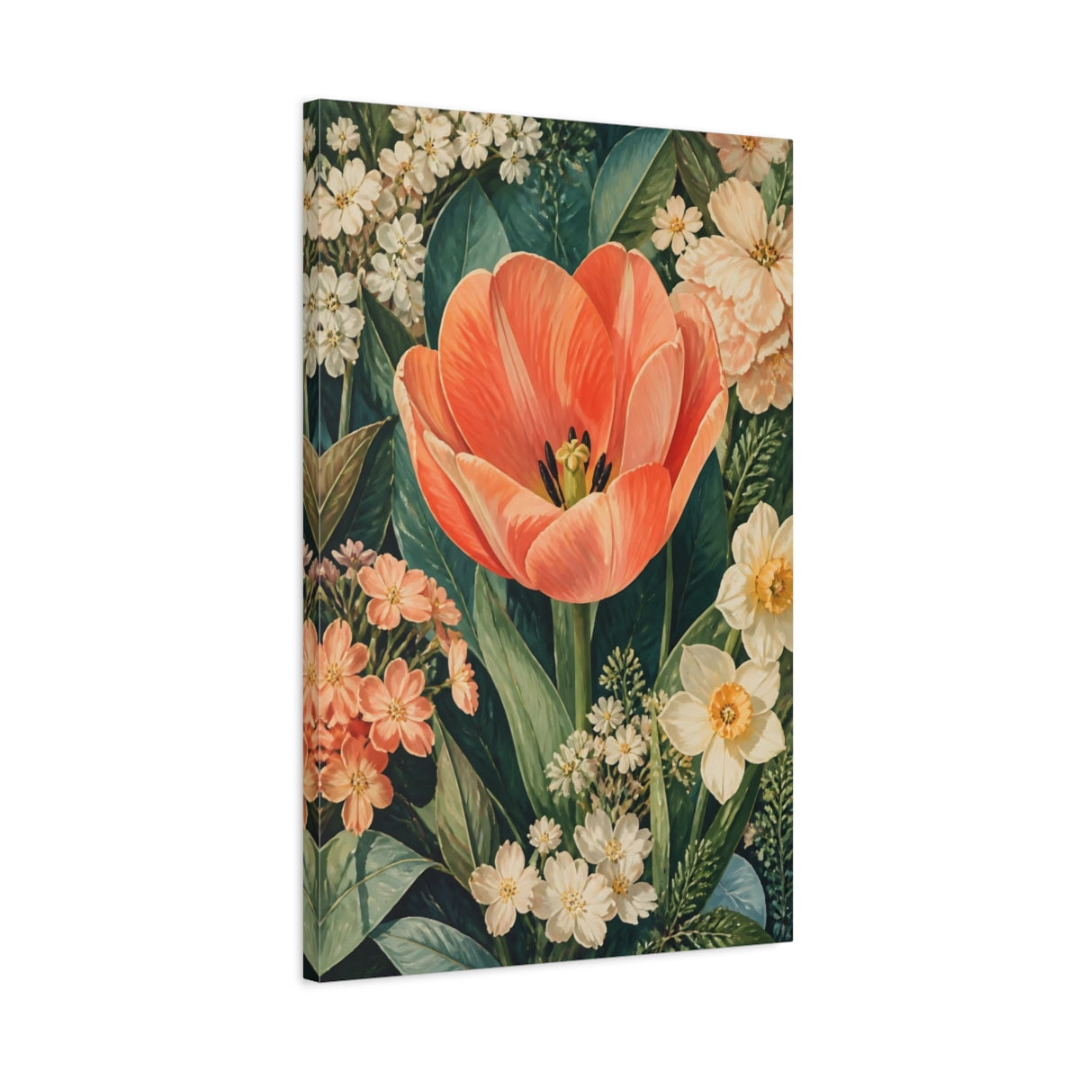 Side Mockup 2. Floral Tulip Orange Floral Garden shown as stretched canvas wall art