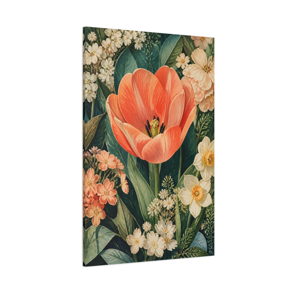 Side Mockup 1. Floral Tulip Orange Floral Garden shown as stretched canvas wall art