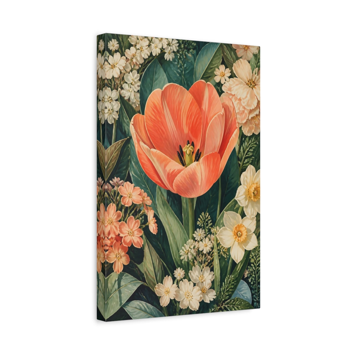 Side Mockup 4. Floral Tulip Orange Floral Garden shown as stretched canvas wall art