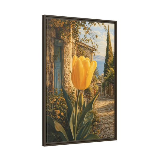 Main Mockup. Floral Tulip Yellow And Blue shown as stretched canvas wall art