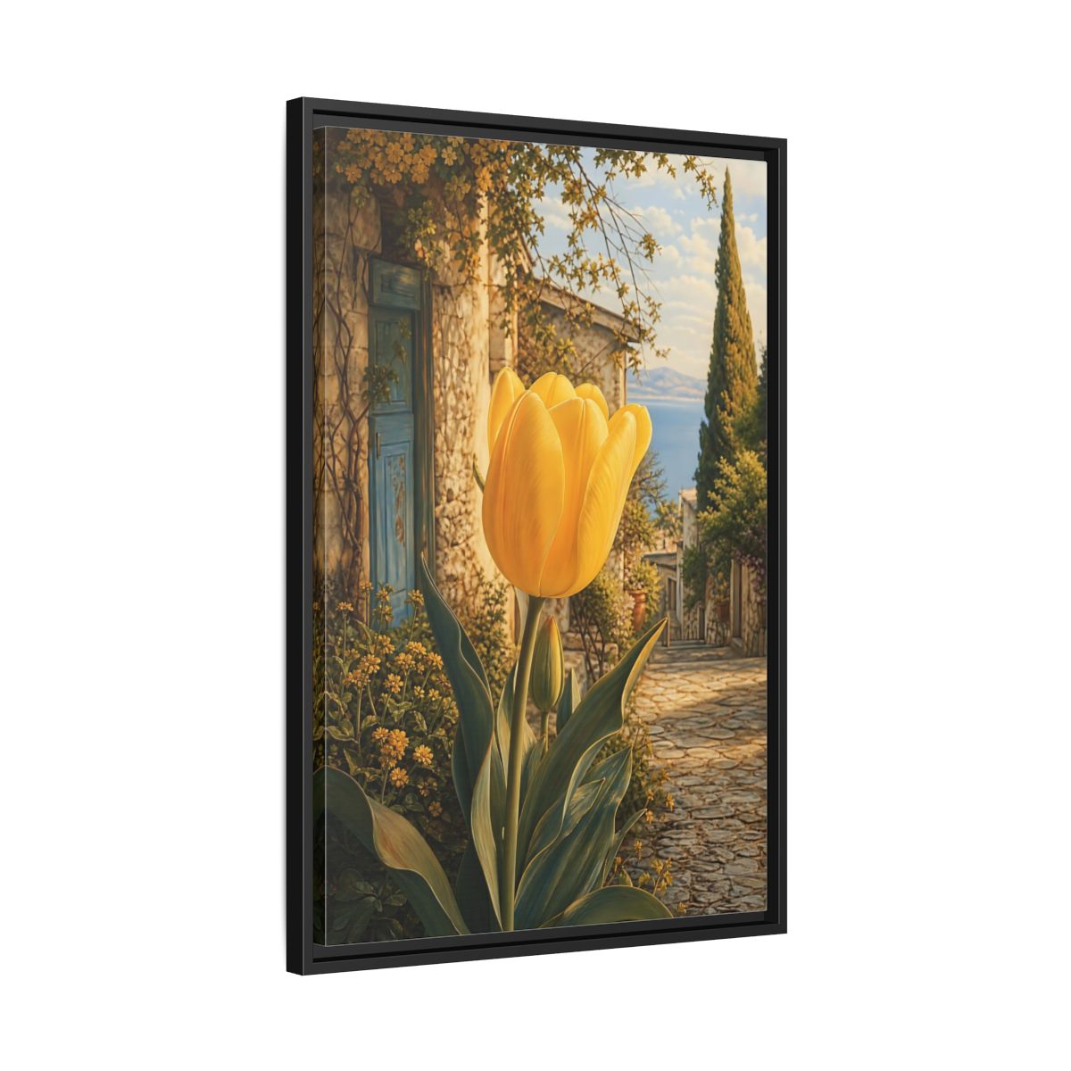 Floral Tulip Yellow and Blue Framed Canvas Wall Art - Traditional Living Room, Above Couch shown as canvas wall art