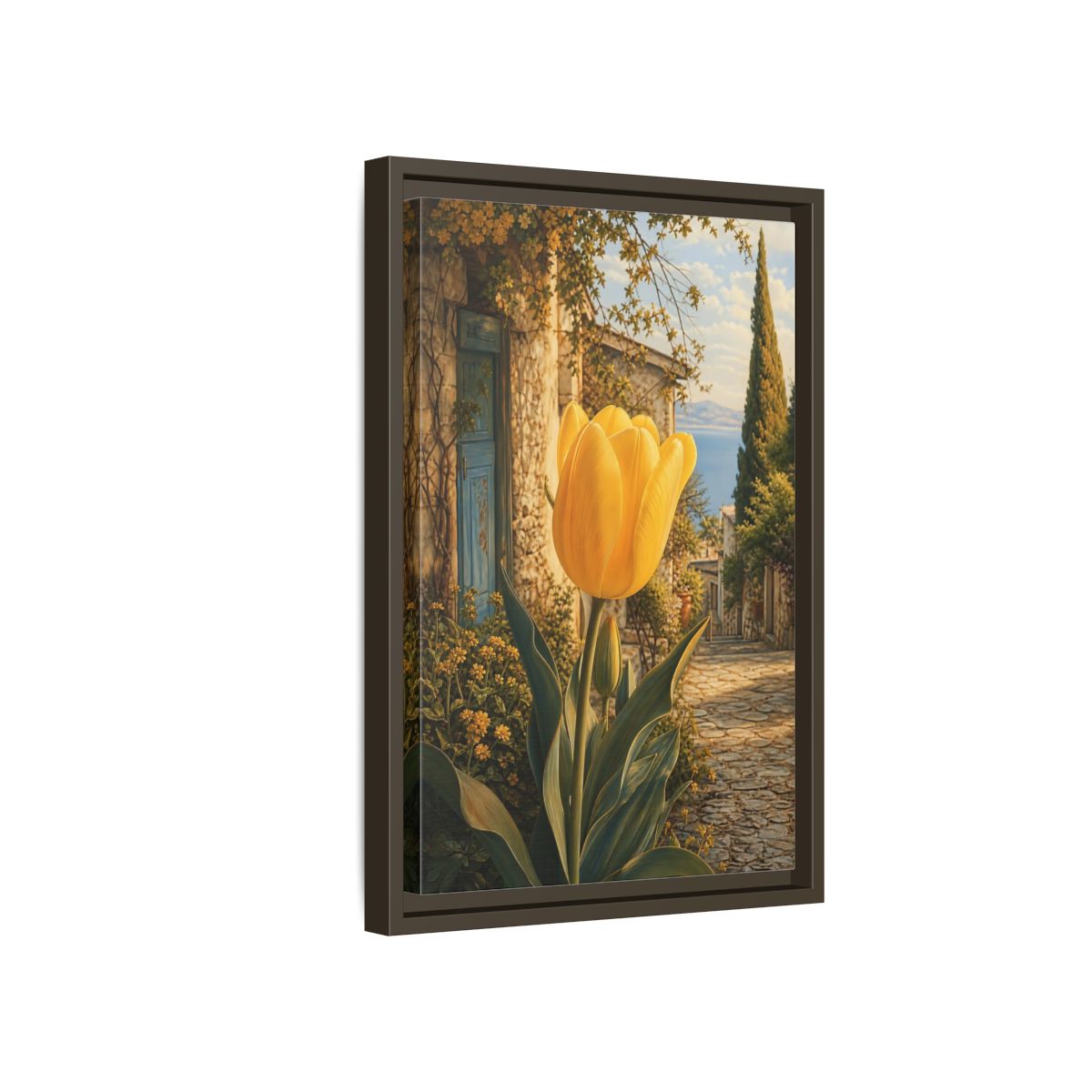 Floral Tulip Yellow and Blue Framed Canvas Wall Art - Traditional Living Room, Above Couch shown as canvas wall art