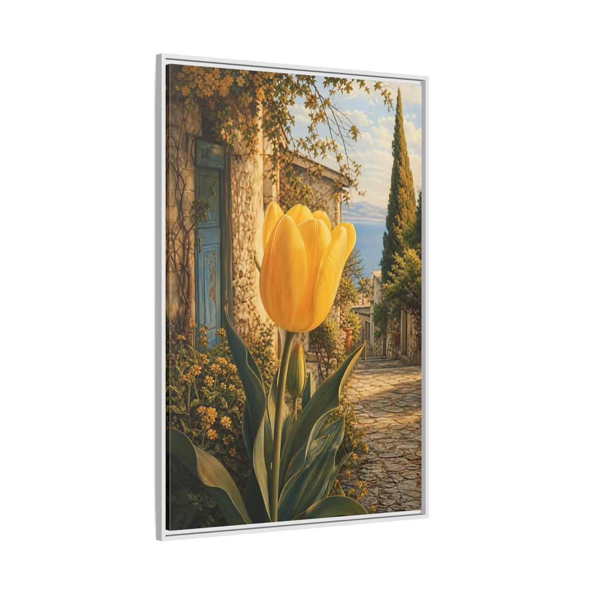 Floral Tulip Yellow and Blue Framed Canvas Wall Art - Traditional Living Room, Above Couch shown as canvas wall art