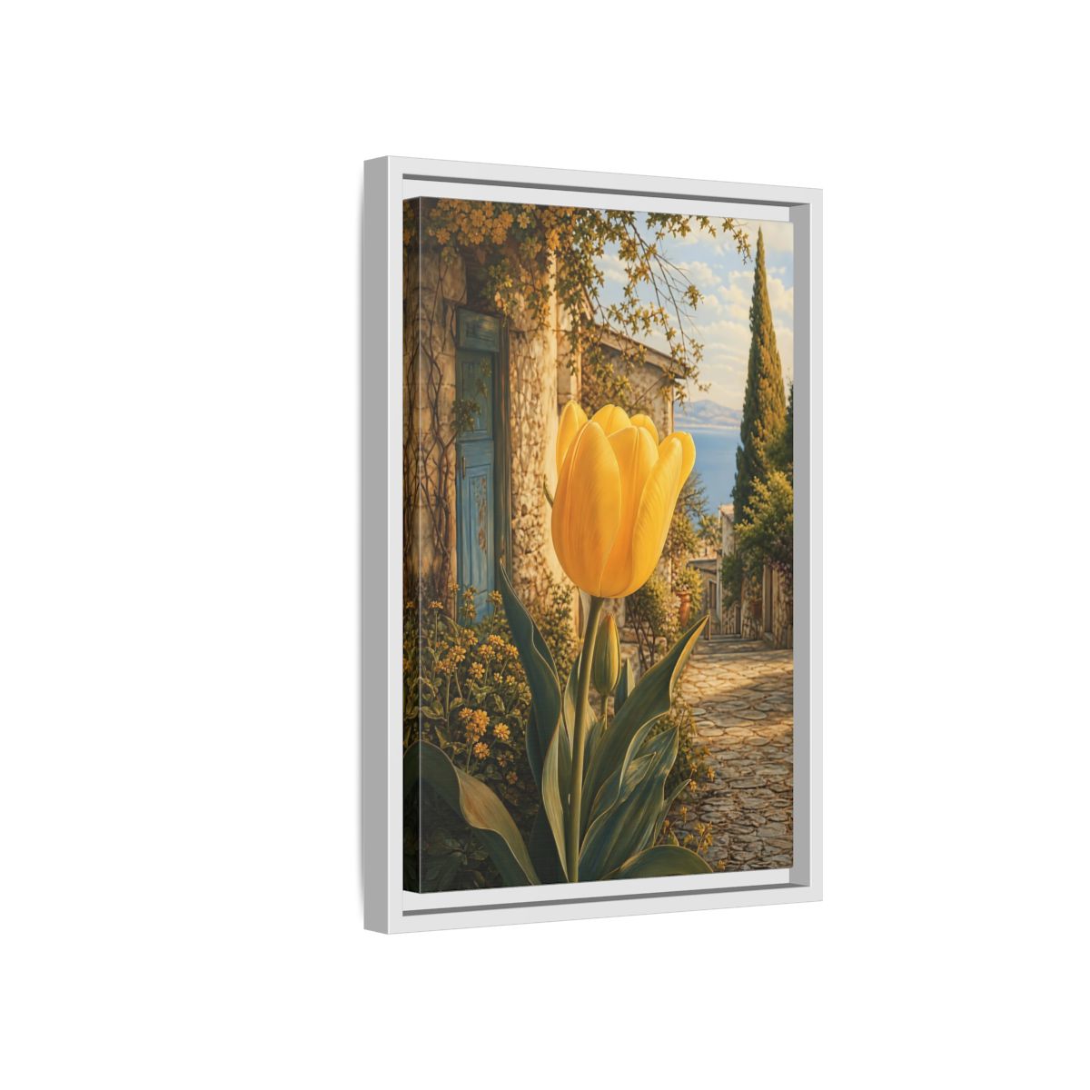 Floral Tulip Yellow and Blue Framed Canvas Wall Art - Traditional Living Room, Above Couch shown as canvas wall art
