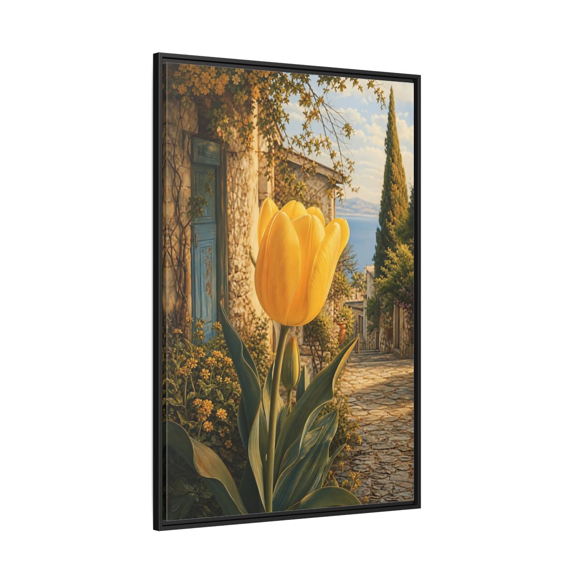 Floral Tulip Yellow and Blue Framed Canvas Wall Art - Traditional Living Room, Above Couch shown as canvas wall art