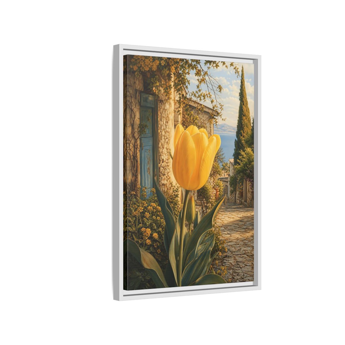 Floral Tulip Yellow and Blue Framed Canvas Wall Art - Traditional Living Room, Above Couch shown as canvas wall art