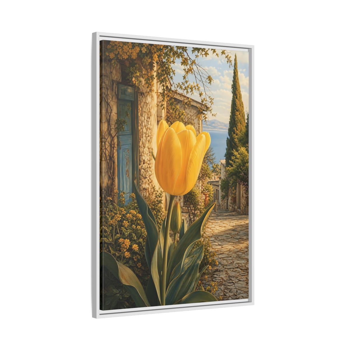 Floral Tulip Yellow and Blue Framed Canvas Wall Art - Traditional Living Room, Above Couch shown as canvas wall art