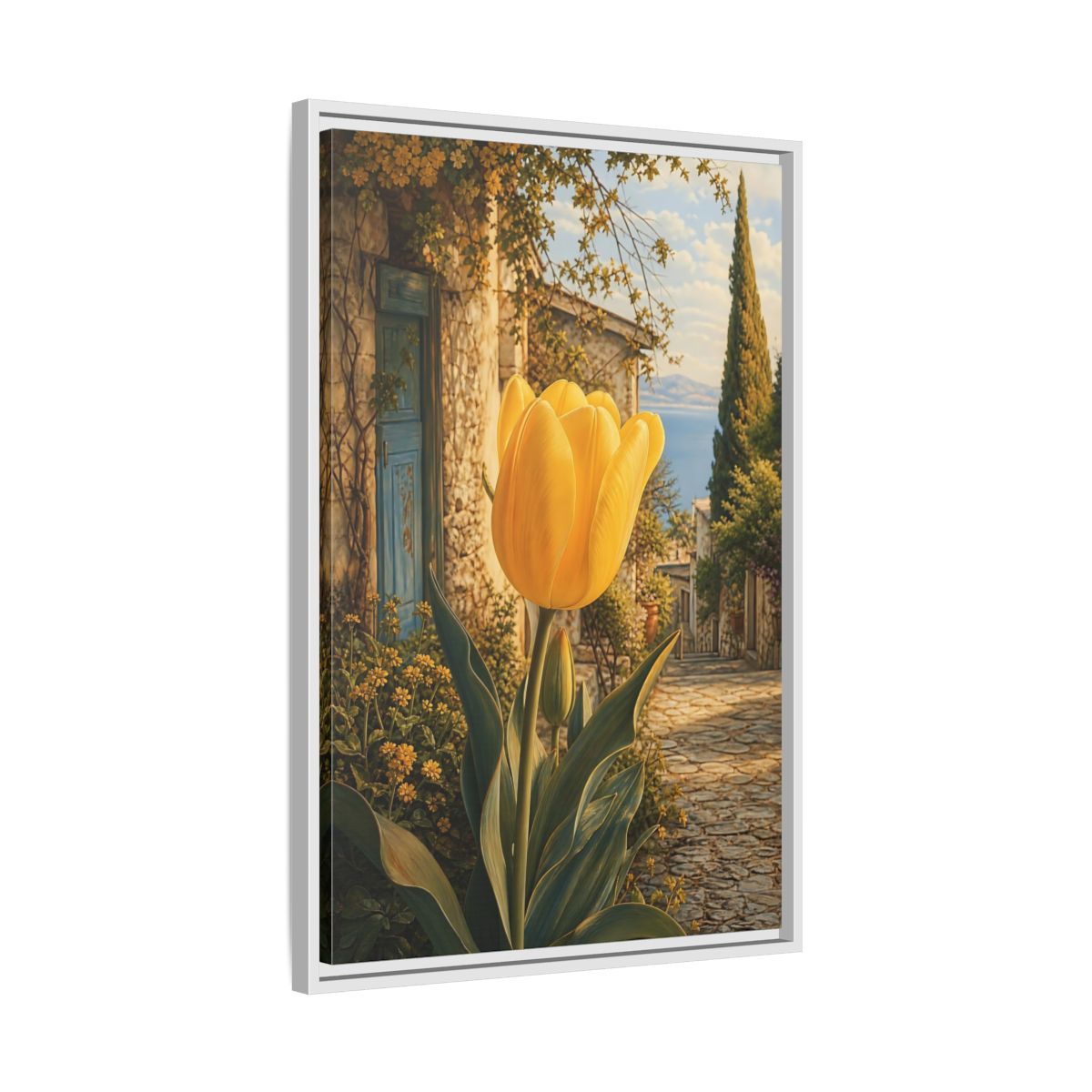 Floral Tulip Yellow and Blue Framed Canvas Wall Art - Traditional Living Room, Above Couch shown as canvas wall art