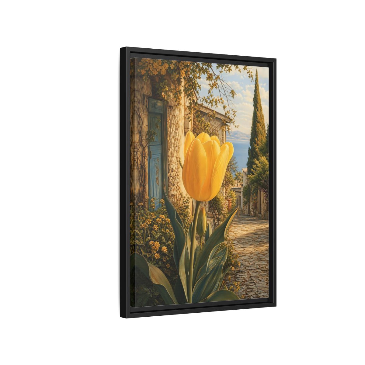 Floral Tulip Yellow and Blue Framed Canvas Wall Art - Traditional Living Room, Above Couch shown as canvas wall art