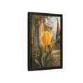 Side Mockup 6. Floral Tulip Yellow And Blue shown as stretched canvas wall art