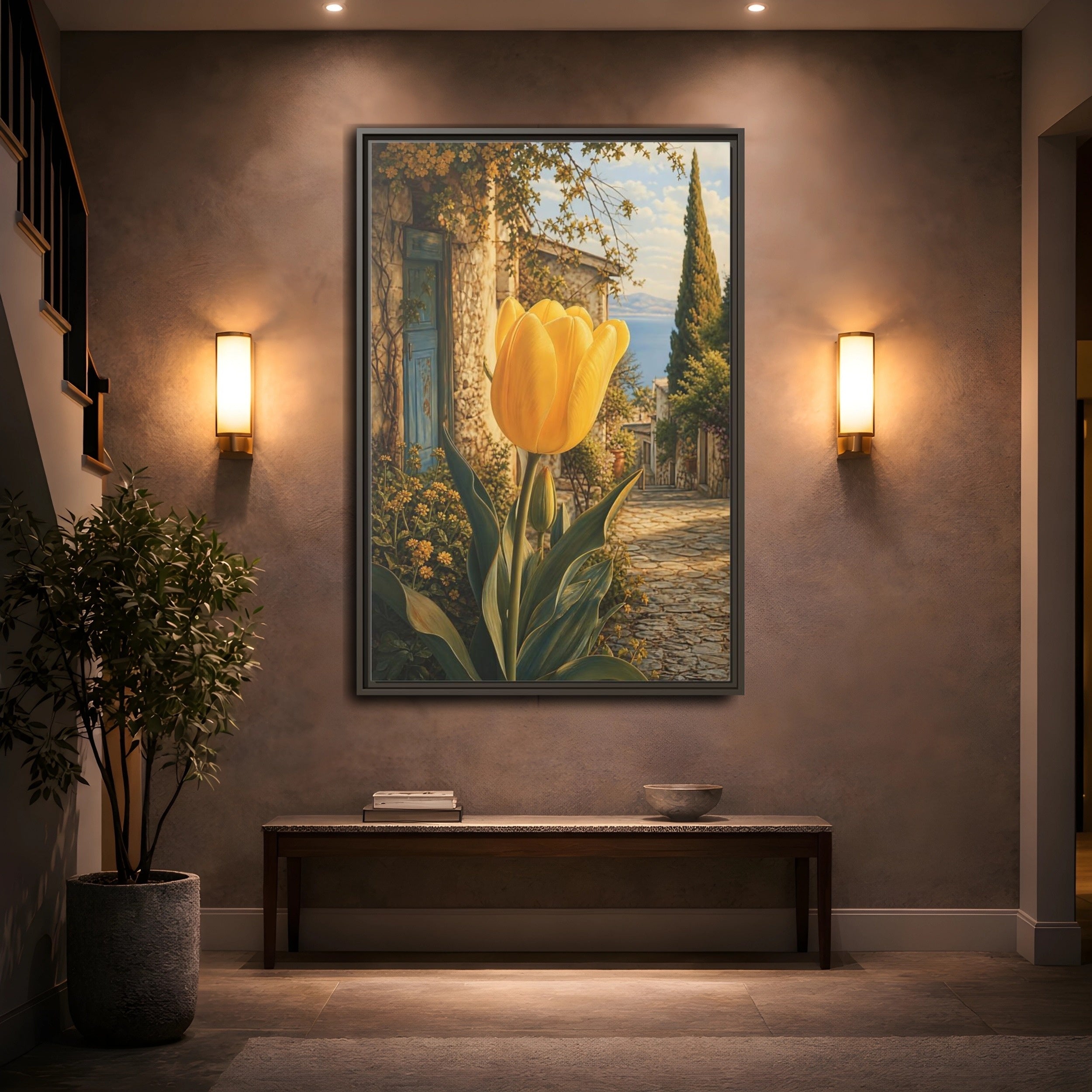 Mockup 2. Floral Tulip Yellow And Blue shown as stretched canvas wall art