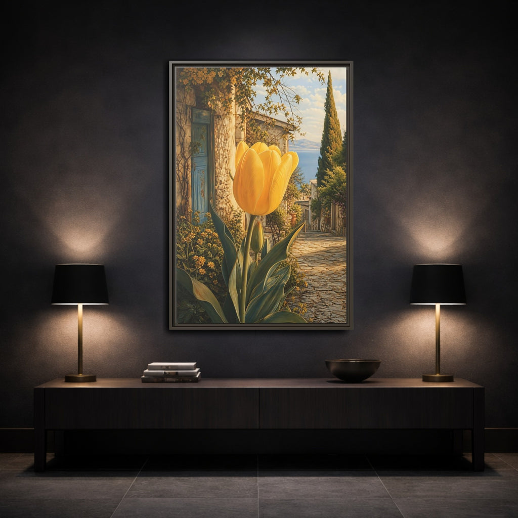Mockup 3. Floral Tulip Yellow And Blue shown as stretched canvas wall art