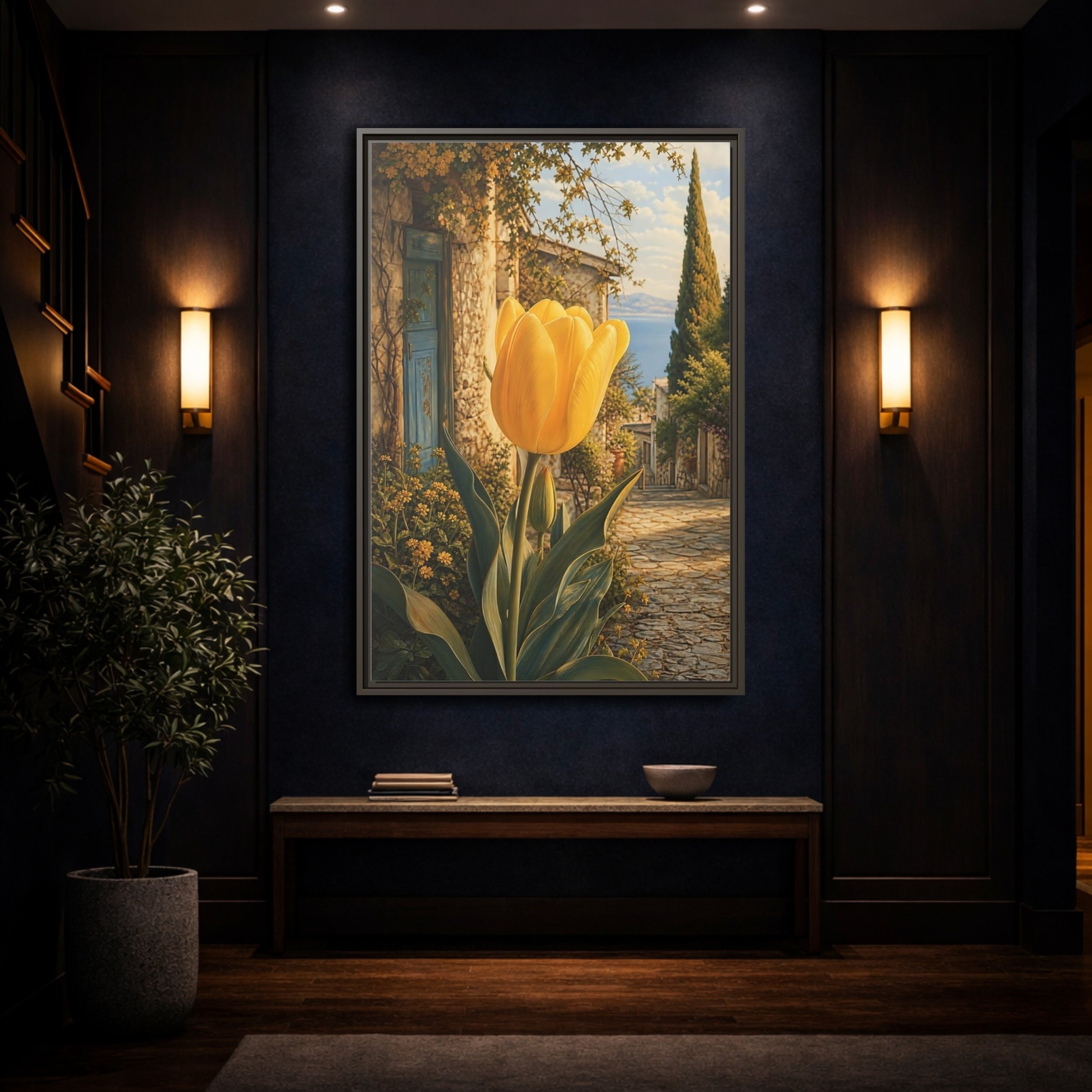 Mockup 4. Floral Tulip Yellow And Blue shown as stretched canvas wall art