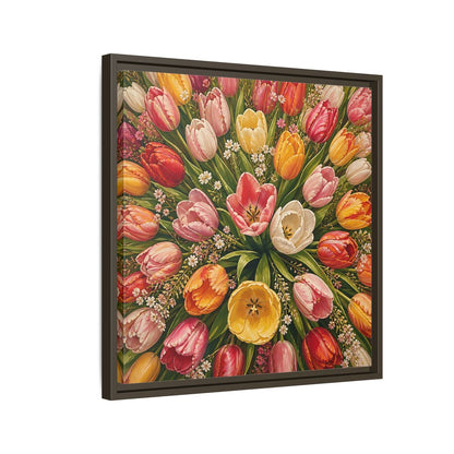 Side Mockup 11. Floral Tulips Colorful Tulips shown as stretched canvas wall art