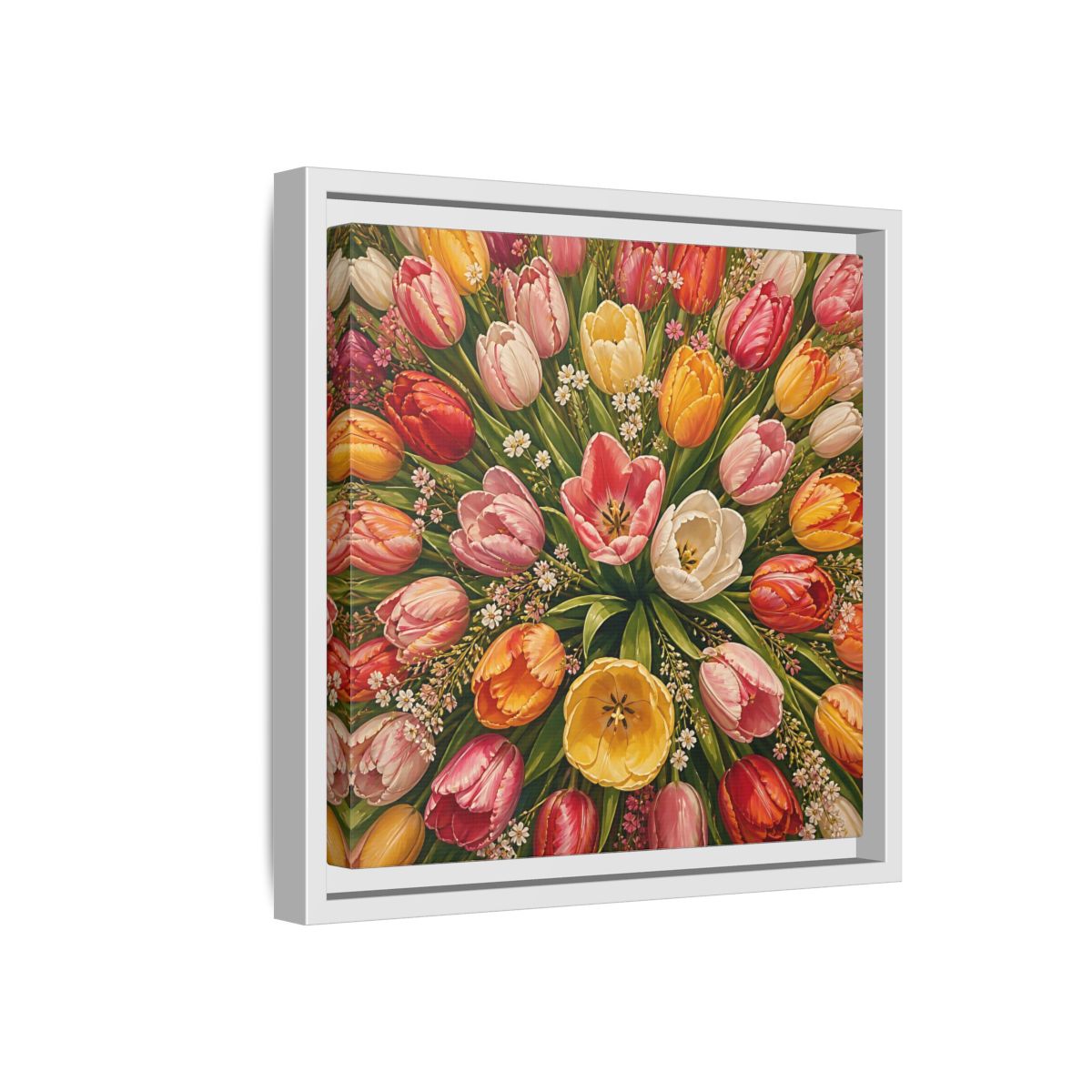 Side Mockup 16. Floral Tulips Colorful Tulips shown as stretched canvas wall art