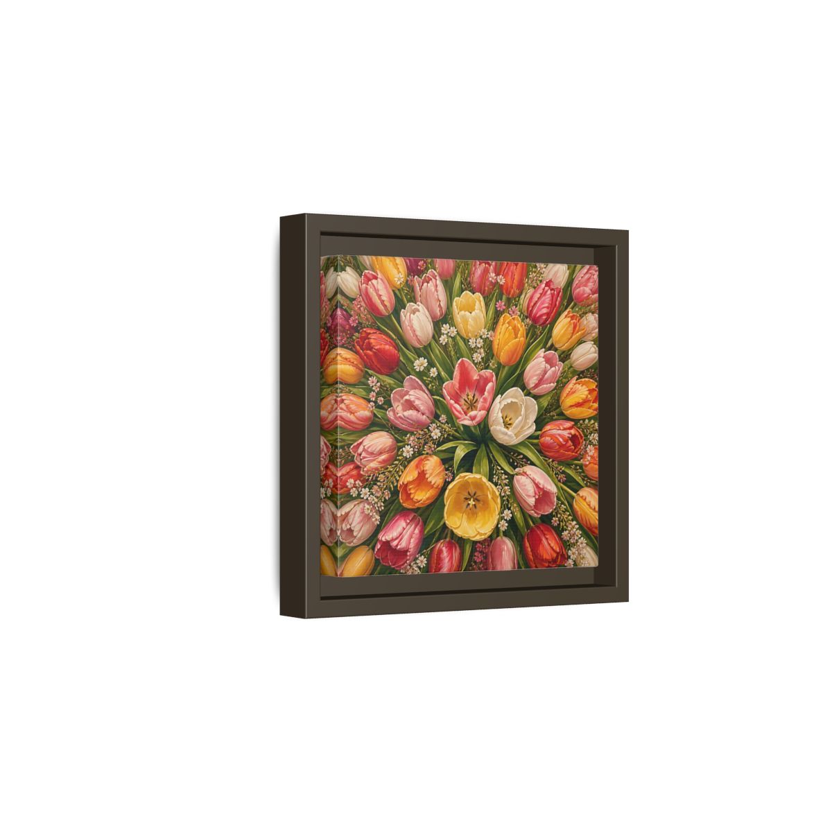 Side Mockup 2. Floral Tulips Colorful Tulips shown as stretched canvas wall art