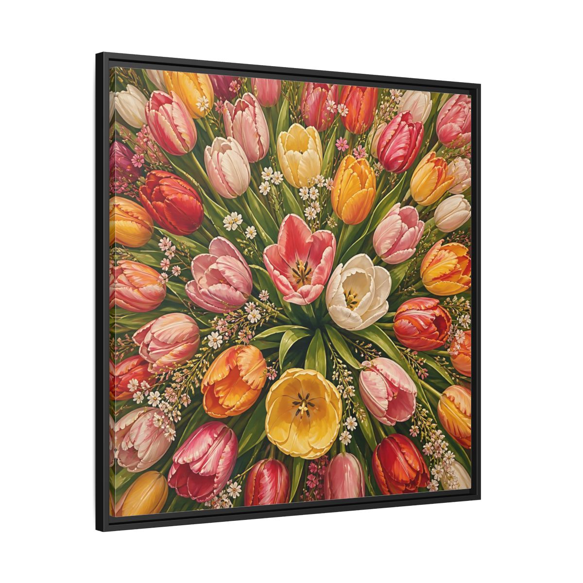 Side Mockup 30. Floral Tulips Colorful Tulips shown as stretched canvas wall art
