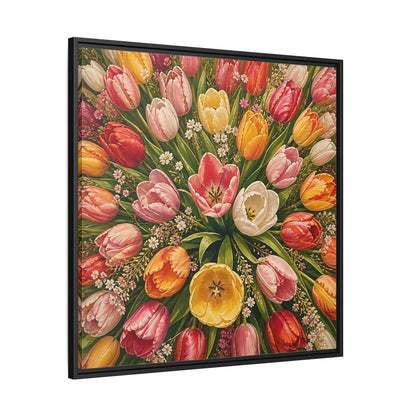 Side Mockup 30. Floral Tulips Colorful Tulips shown as stretched canvas wall art