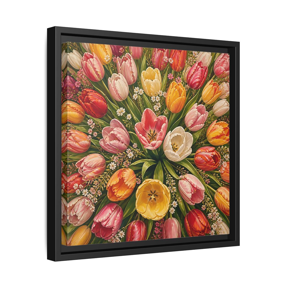 Side Mockup 32. Floral Tulips Colorful Tulips shown as stretched canvas wall art