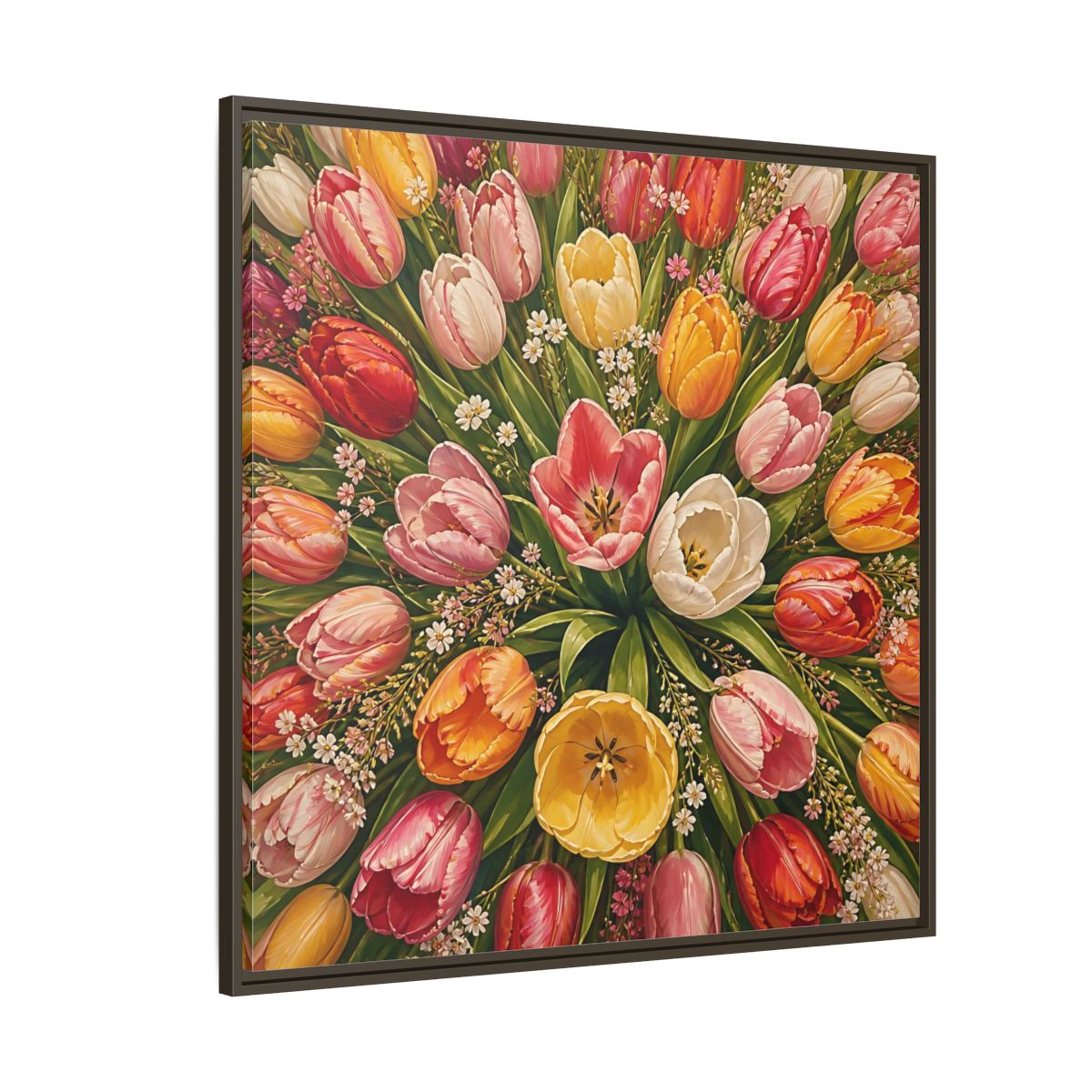 Side Mockup 5. Floral Tulips Colorful Tulips shown as stretched canvas wall art