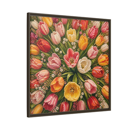 Side Mockup 8. Floral Tulips Colorful Tulips shown as stretched canvas wall art