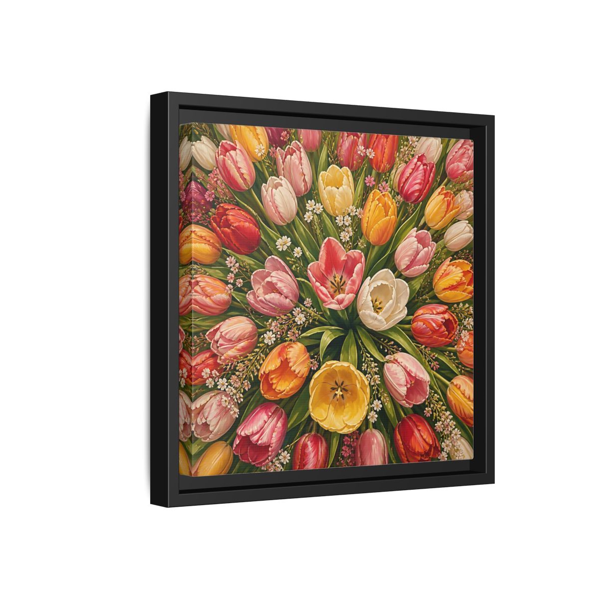 Side Mockup 18. Floral Tulips Colorful Tulips shown as stretched canvas wall art