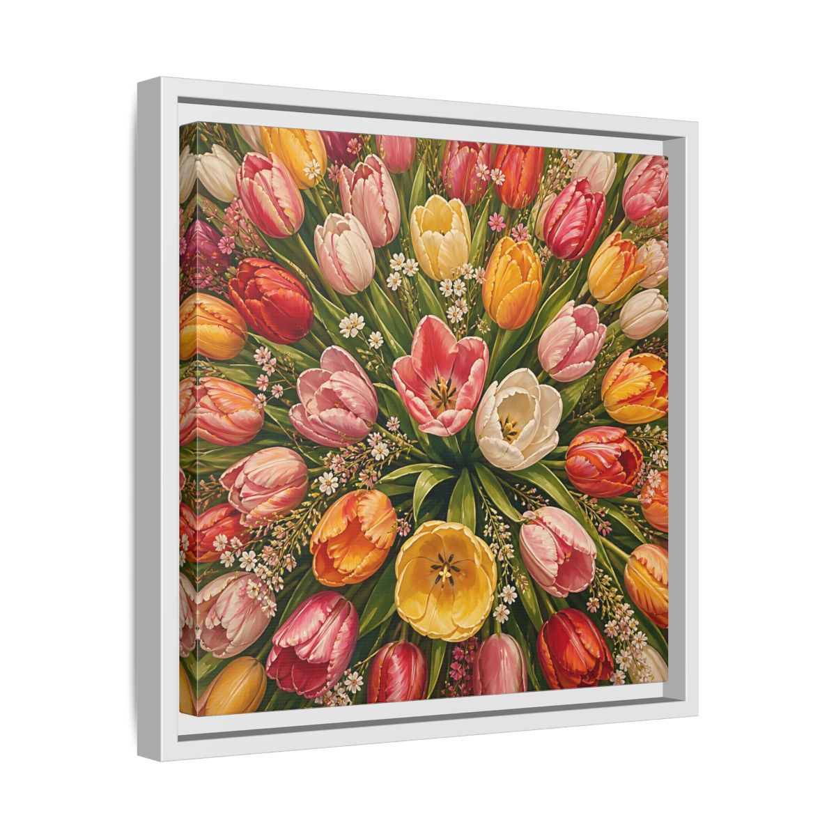 Side Mockup 28. Floral Tulips Colorful Tulips shown as stretched canvas wall art