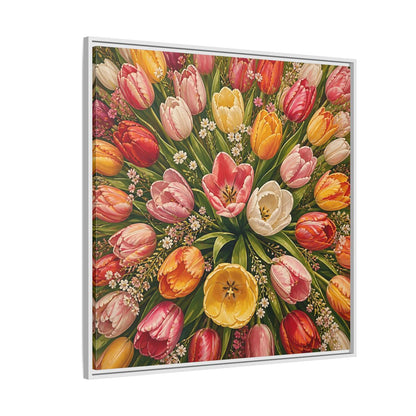 Side Mockup 4. Floral Tulips Colorful Tulips shown as stretched canvas wall art