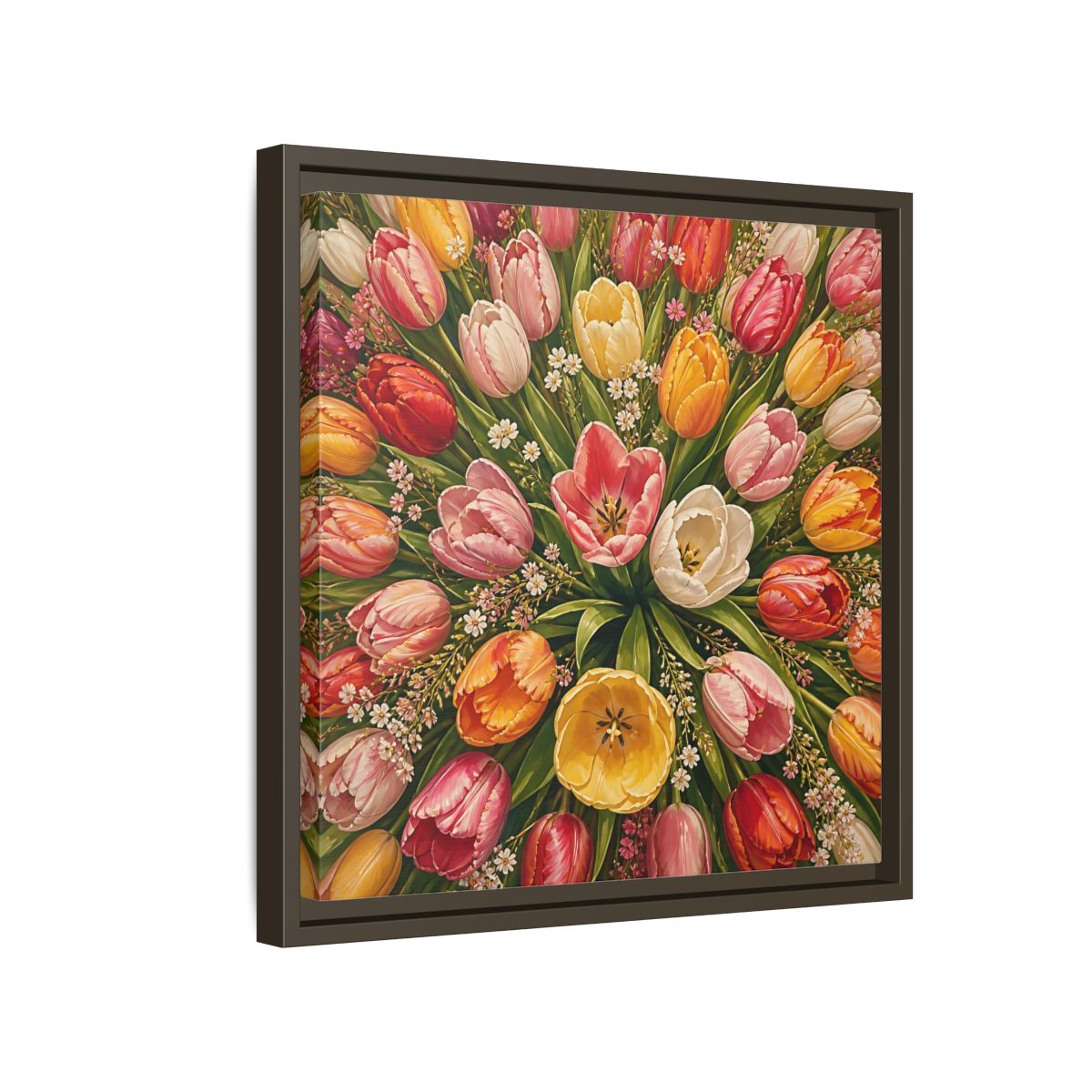 Side Mockup 14. Floral Tulips Colorful Tulips shown as stretched canvas wall art