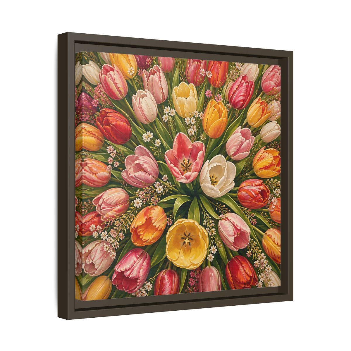 Side Mockup 29. Floral Tulips Colorful Tulips shown as stretched canvas wall art