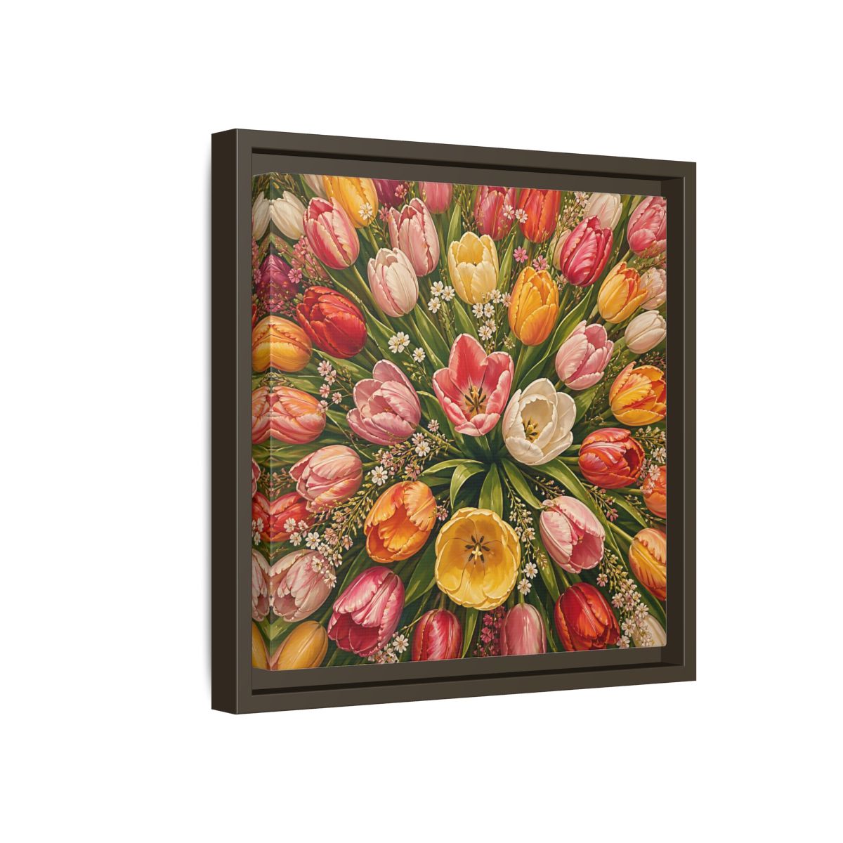 Side Mockup 17. Floral Tulips Colorful Tulips shown as stretched canvas wall art