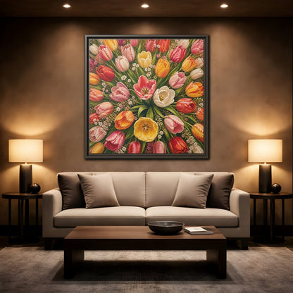 Mockup 2. Floral Tulips Colorful Tulips shown as stretched canvas wall art