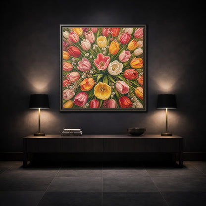 Mockup 3. Floral Tulips Colorful Tulips shown as stretched canvas wall art