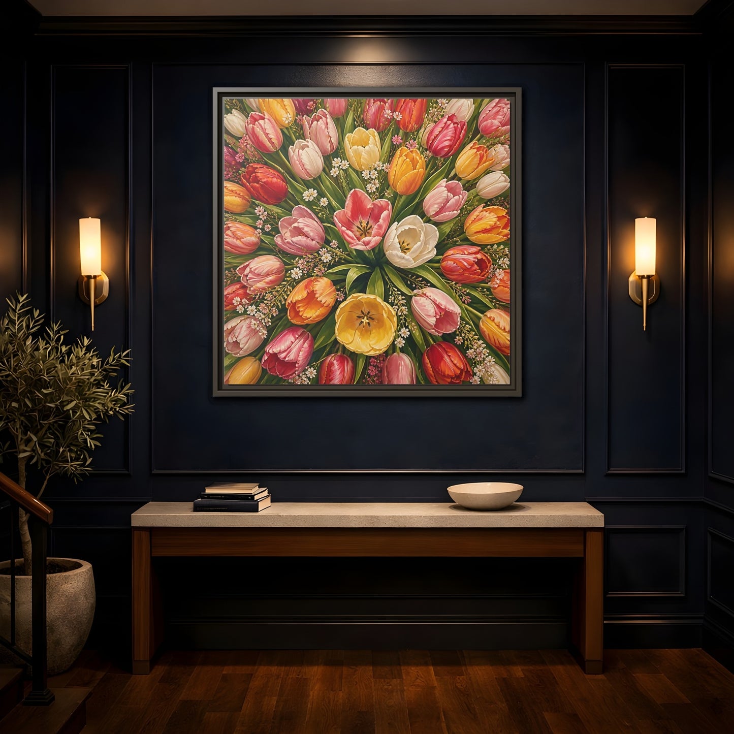 Mockup 4. Floral Tulips Colorful Tulips shown as stretched canvas wall art