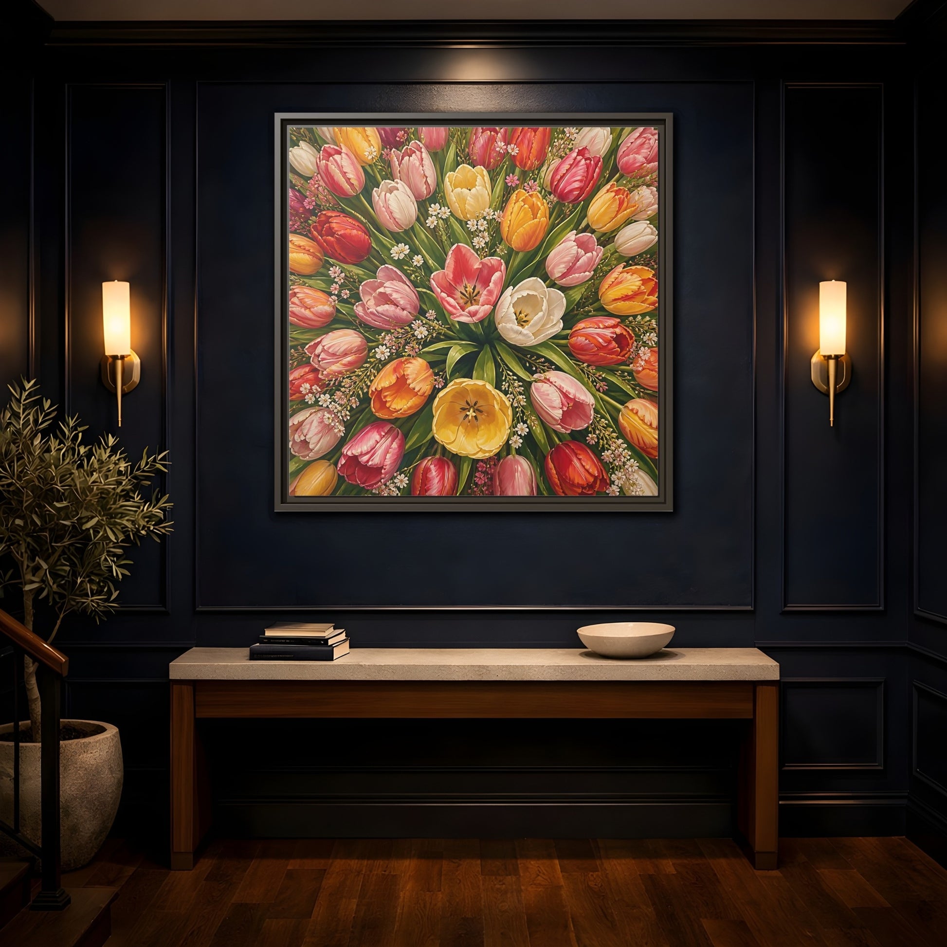Mockup 4. Floral Tulips Colorful Tulips shown as stretched canvas wall art