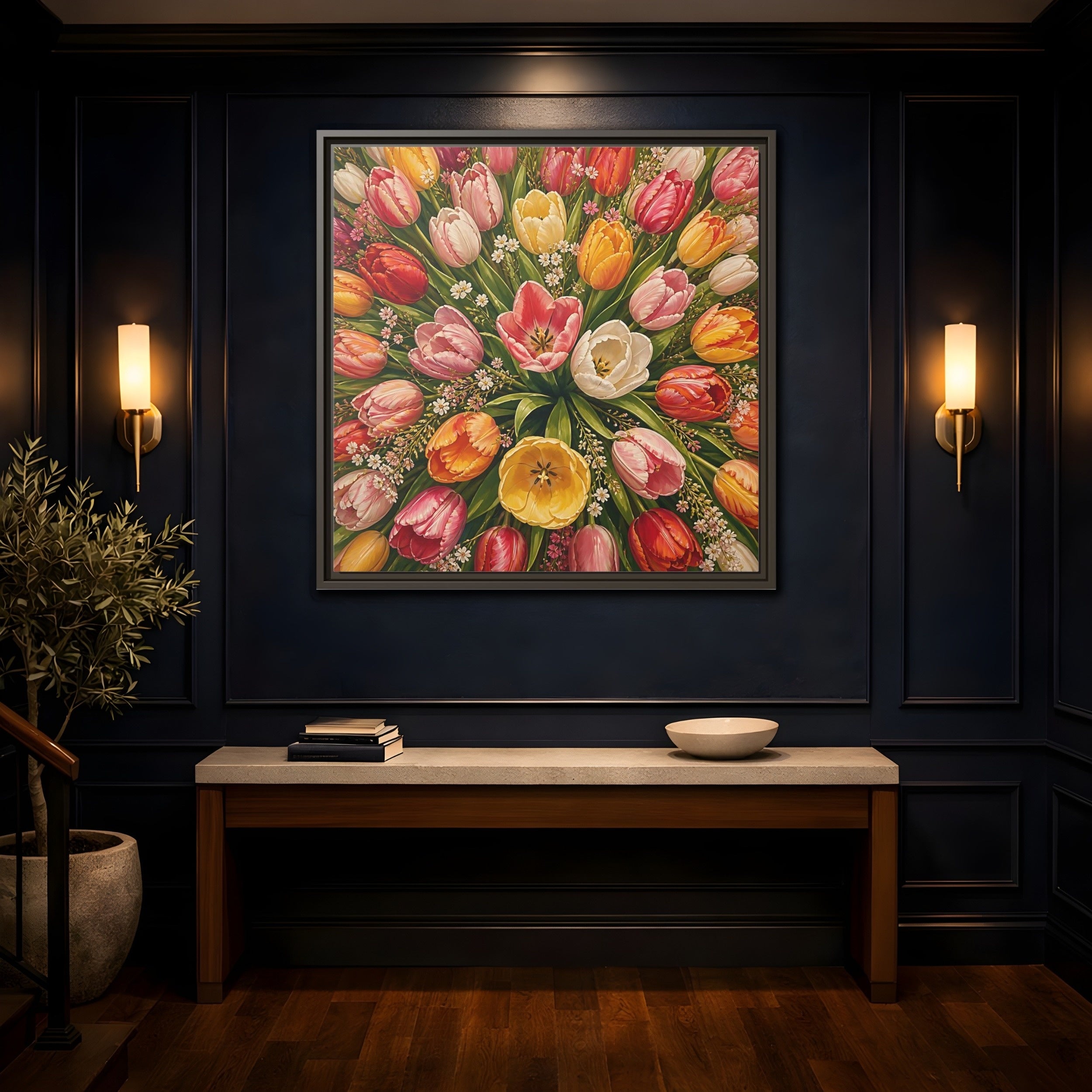 Mockup 4. Floral Tulips Colorful Tulips shown as stretched canvas wall art