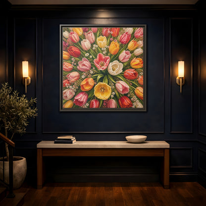 Mockup 4. Floral Tulips Colorful Tulips shown as stretched canvas wall art