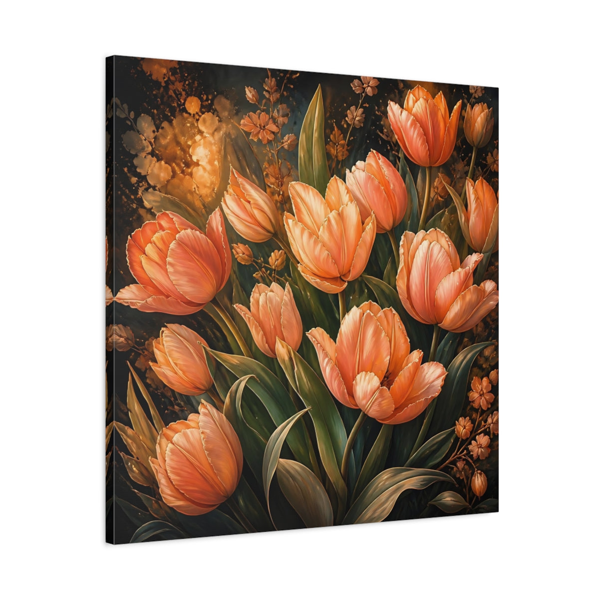 Side Mockup 3. Floral Tulips Orange Tulips shown as stretched canvas wall art