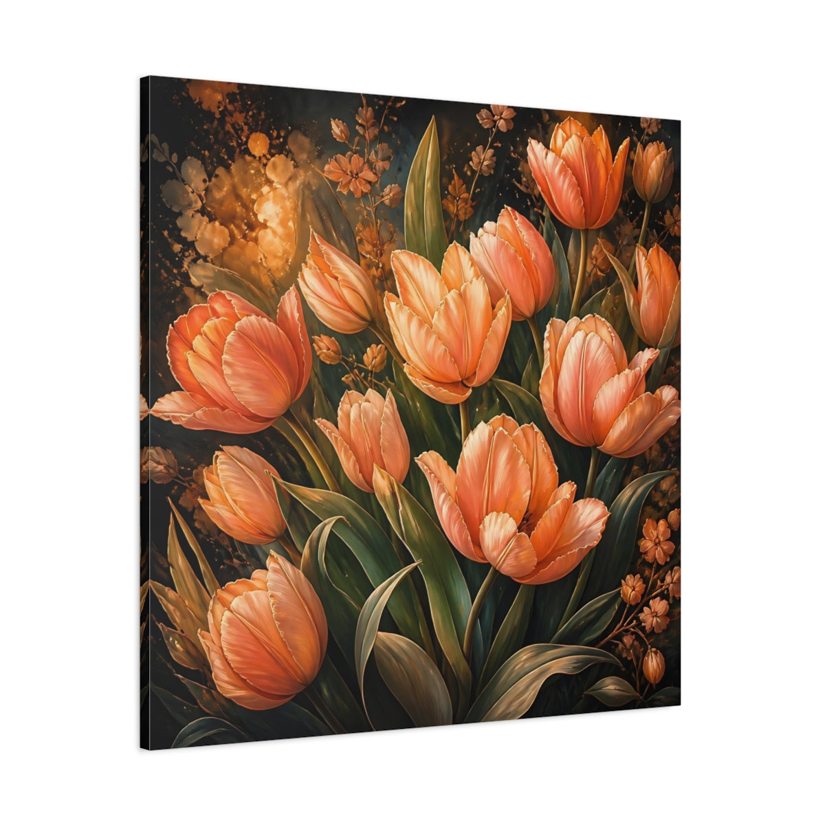 Side Mockup 1. Floral Tulips Orange Tulips shown as stretched canvas wall art