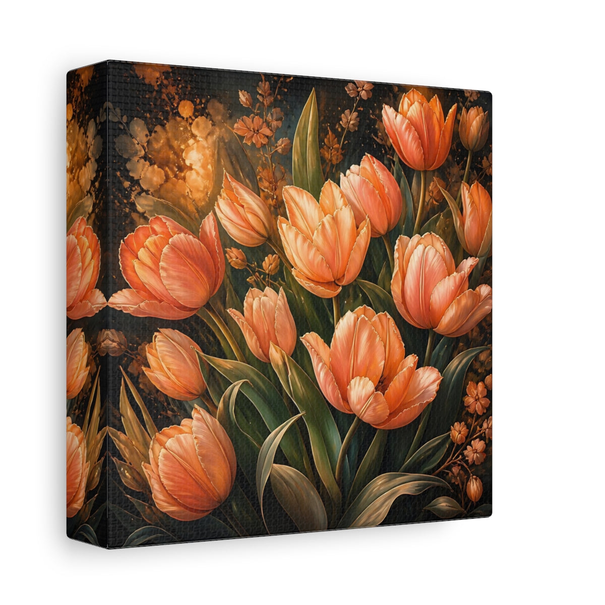 Side Mockup 2. Floral Tulips Orange Tulips shown as stretched canvas wall art