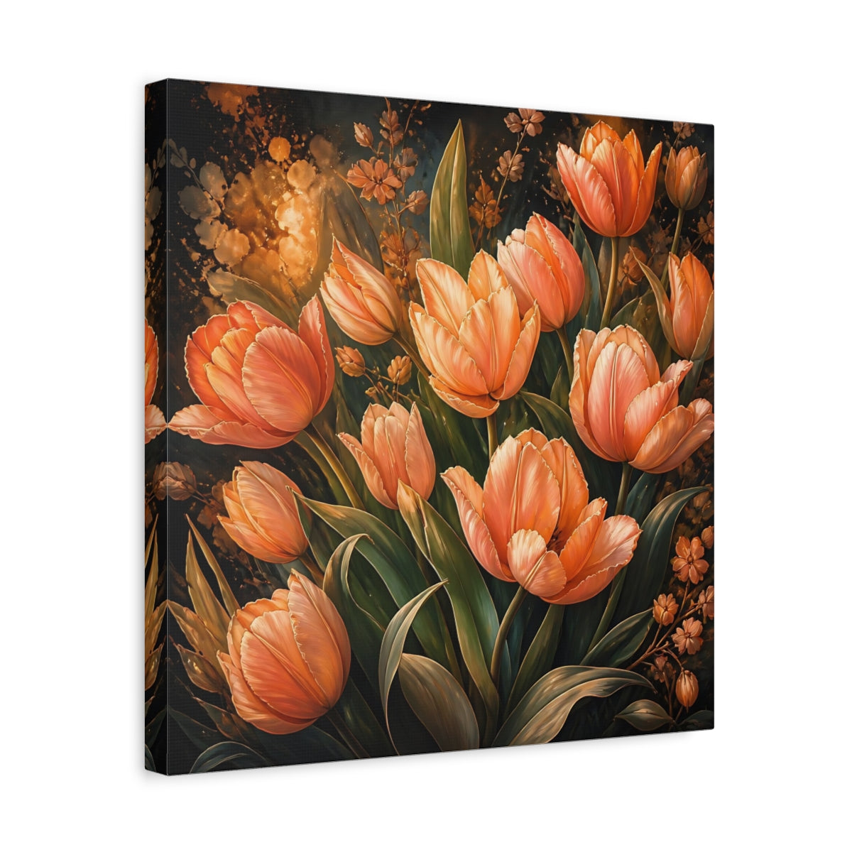 Side Mockup 6. Floral Tulips Orange Tulips shown as stretched canvas wall art