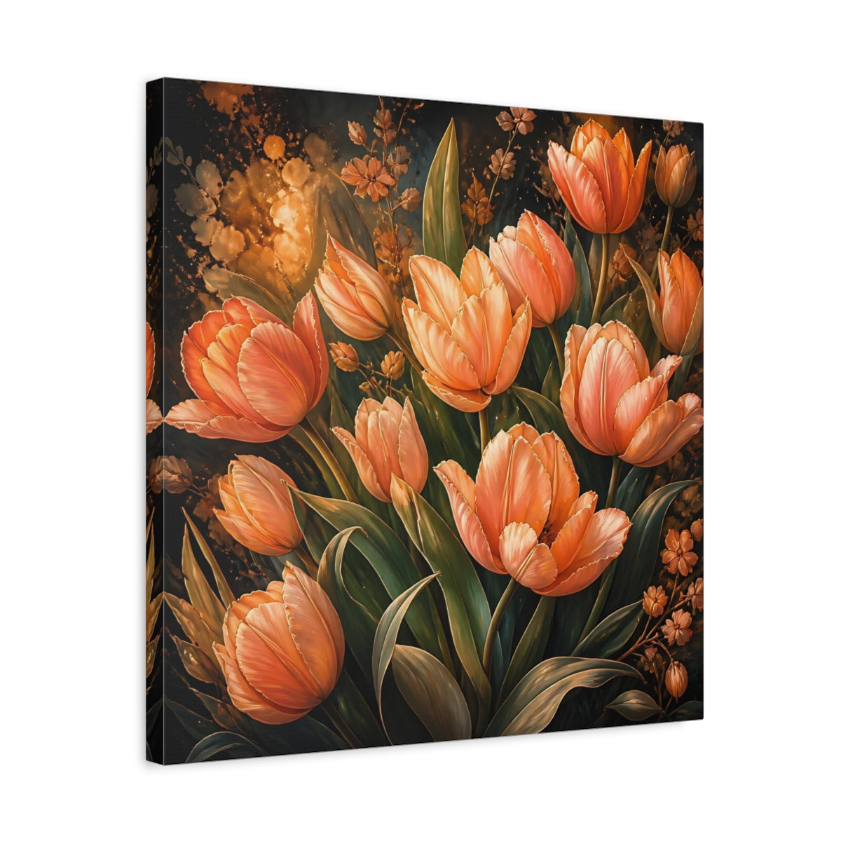 Side Mockup 5. Floral Tulips Orange Tulips shown as stretched canvas wall art