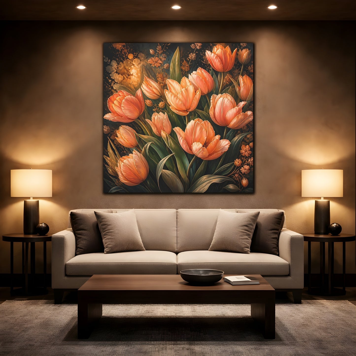 Mockup 2. Floral Tulips Orange Tulips shown as stretched canvas wall art