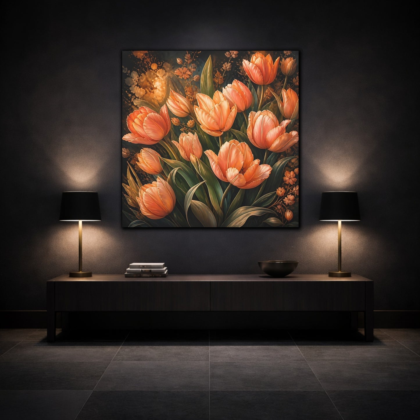 Mockup 3. Floral Tulips Orange Tulips shown as stretched canvas wall art