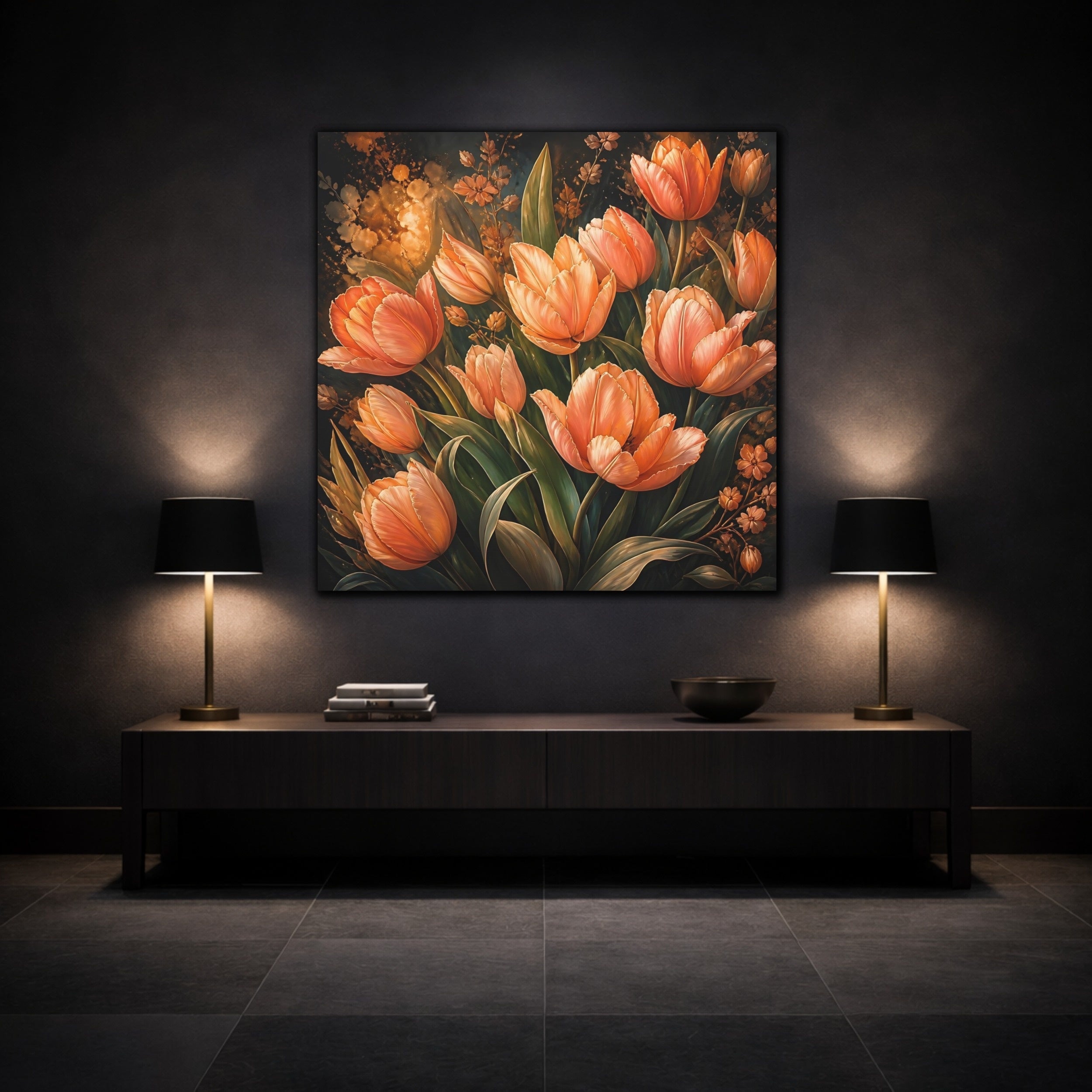 Mockup 3. Floral Tulips Orange Tulips shown as stretched canvas wall art