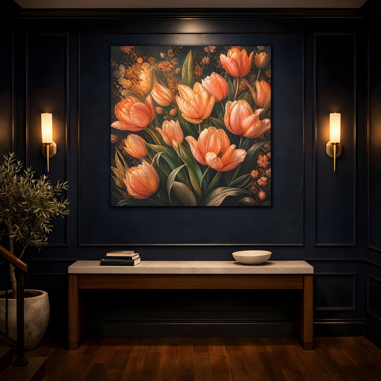 Mockup 4. Floral Tulips Orange Tulips shown as stretched canvas wall art