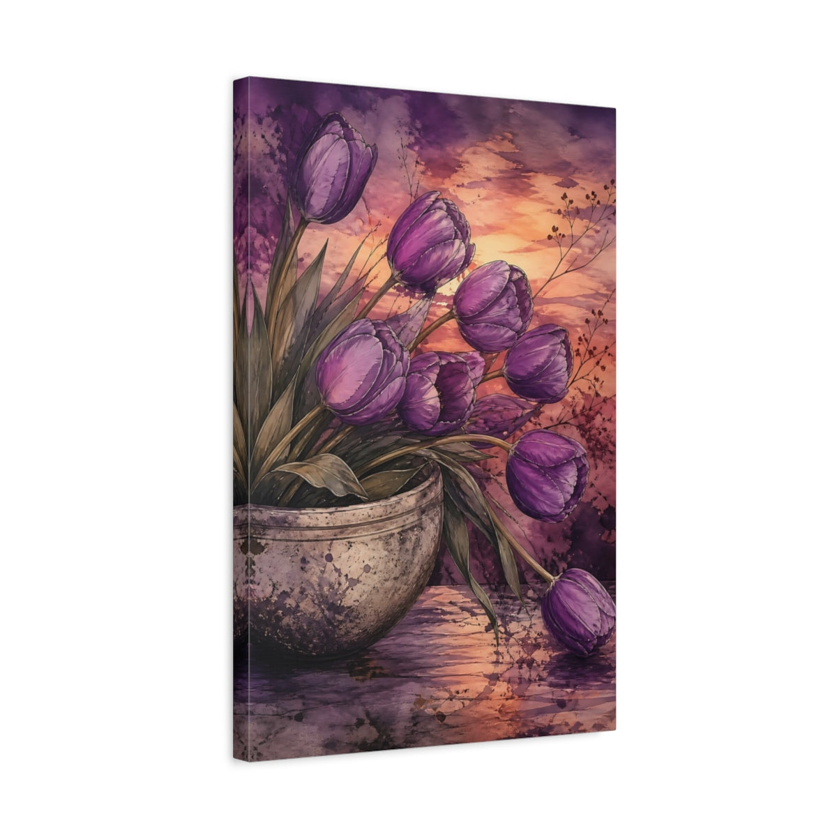 Side Mockup 3. Floral Tulips Purple Tulips shown as stretched canvas wall art