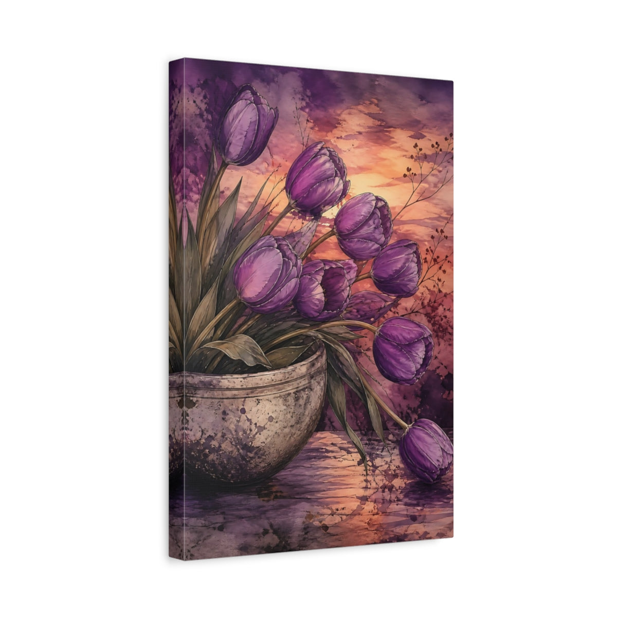 Side Mockup 4. Floral Tulips Purple Tulips shown as stretched canvas wall art